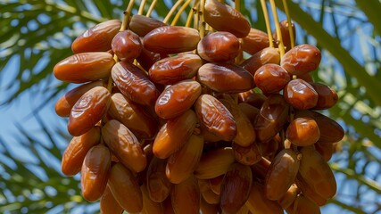 ripe dates cluster on palm tree. Generative AI. 