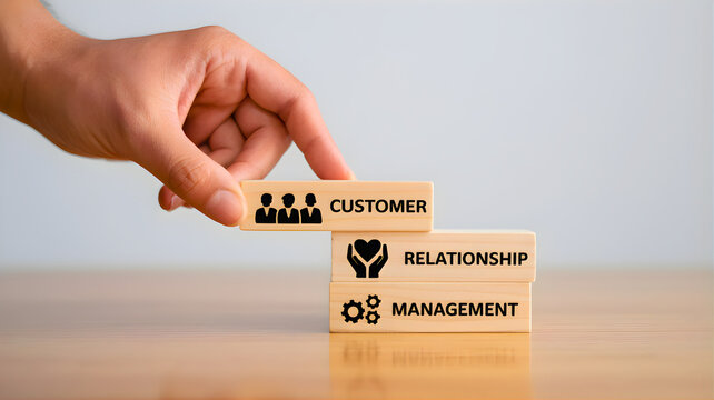 Hand arranging wooden blocks to form the acronym CRM, symbolizing the strategic importance of customer relationship management in business growth, engagement, and long-term success