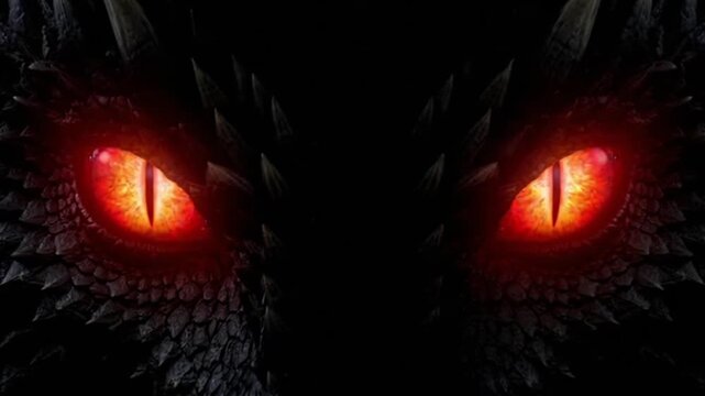 A close-up view of glowing red eyes peering out from darkness, suggesting a mythical creature