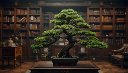 A serene Japanese bonsai tree stands in an ancient temple garden at night beside a stone lantern and decorative water fountain in Japan