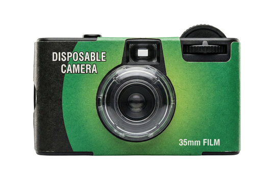 Green disposable film camera isolated. Retro photography gear.