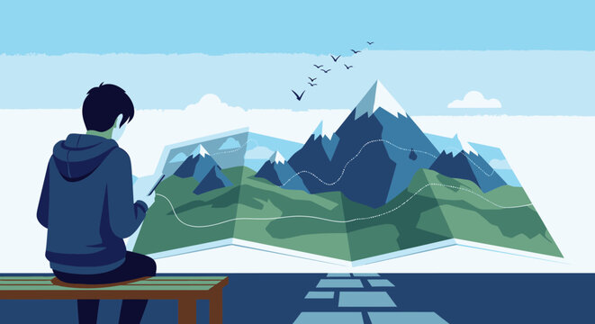 A young person contemplates an unfolding map displaying a majestic mountainous landscape, symbolizing future travel plans and adventurous journeys.