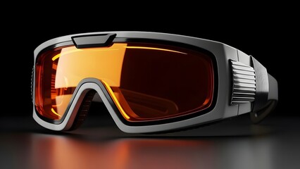 Futuristic orange-tinted goggles with sleek metallic frame on dark background lenses