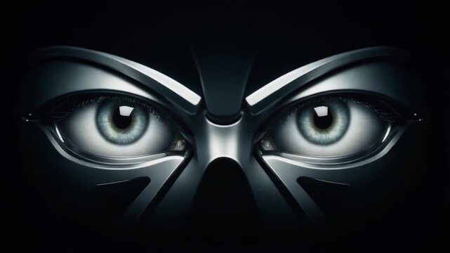 Close-up of metallic, angular mask framing blue eyes. Dark background enhances the surreal, futuristic composition