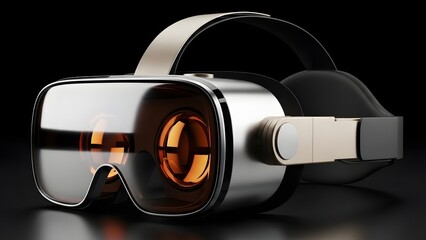 Virtual reality headset with headphones and reflective lenses on black background