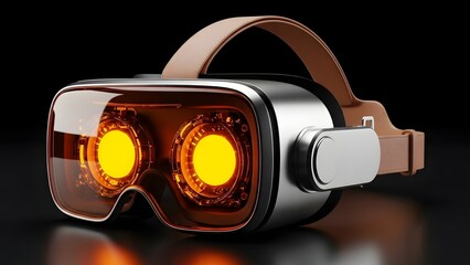 Virtual reality headset with glowing orange lenses and beige strap on black background