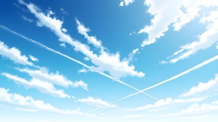 A bright blue sky with white clouds and contrails from airplanes