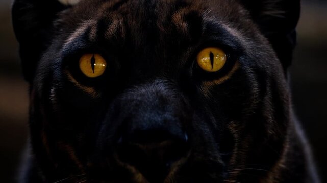 Close-up of a big cat's face with bright yellow eyes and dark fur, staring intensely