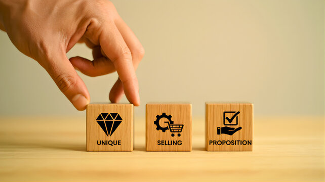 Hand arranging wooden blocks spelling out 'UNIQUE SELLING PROPOSITION' with business strategy icons, symbolizing market differentiation and strategic advantages for a company's offerings