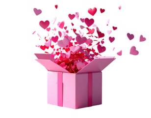 Heart confetti falling from a pink gift box 3D,white background