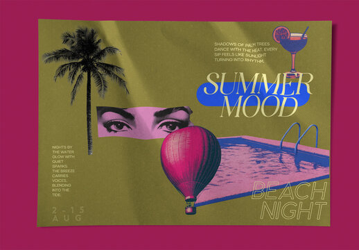 Retro Summer Poster Mockup Beach Night Vibes PSD