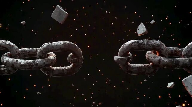 A broken chain explodes with fiery energy, surrounded by fragments, against a dark background, symbolizing power, destruction, and freedom. video