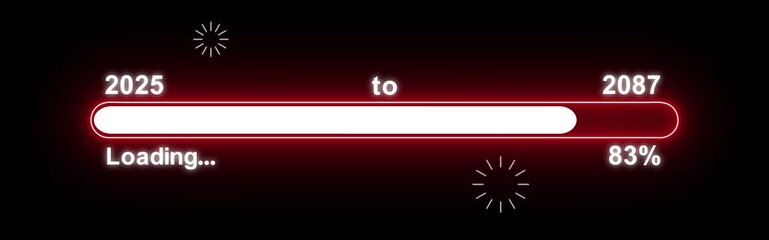New year 2087 loading bar animation. Seamless loading bar animation illustrating the transition from 2025 to 2087. Bright progress bar with alpha channel, ideal for New Year greetings.