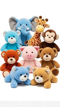 Colorful Plush Toys Group Isolated on White Background