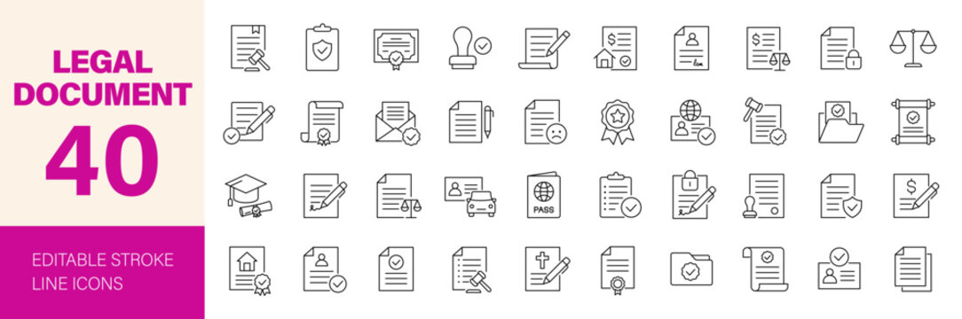 Legal documents icon set. Editable line icons. Vector illustration.