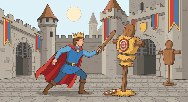 Prince Practicing Sword Training
A flat vector illustration of a prince training with a sword in a courtyard. Training dummies and castle walls visible. Flat vector illustration with dynamic posture.