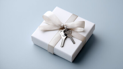 White gift box with elegant ribbon and two silver keys on top, symbolizing new home, real estate, or special occasion, creating sense of excitement and anticipation