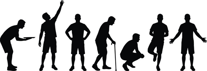 Men silhouettes performing different gestures and activities, black and white illustration set showing daily actions, communication, work, aging, and lifestyle concepts