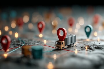 A truck is parked on a map with a red dot on it. background transportation concept.