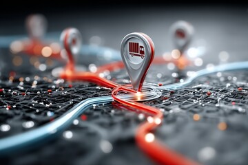 A map with a red and white truck symbol on it. background transportation concept.