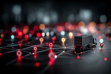 A truck is on a map with many red dots surrounding it. background transportation concept.