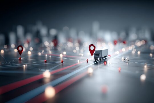 A truck is driving down a road with a red dot on it. background transportation concept.