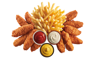 Delicious crispy golden fried chicken tenders with french fries and three flavorful dipping sauces, isolated on transparent background