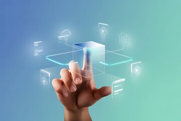 Hand interacting with futuristic digital interface and cloud icons