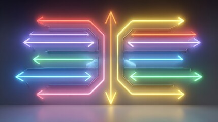Symmetrical Neon Arrows Pointing Towards Center in Rainbow Colors on Dark Background with Reflection