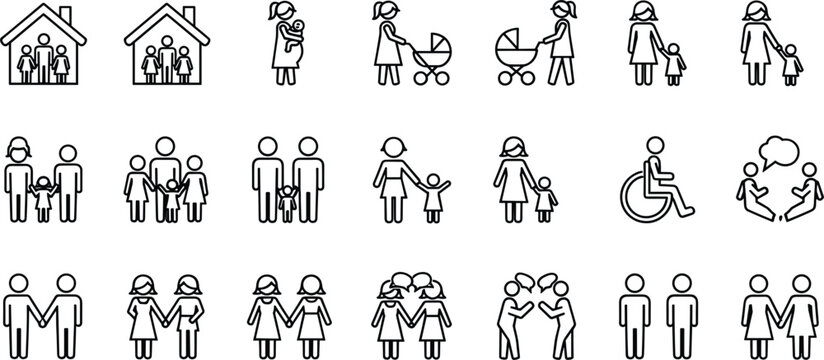 Collection of black and white line art icons representing diverse family structures and relationships
