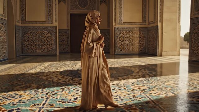Elegant Woman Walking Through Ornate Palace Interior.