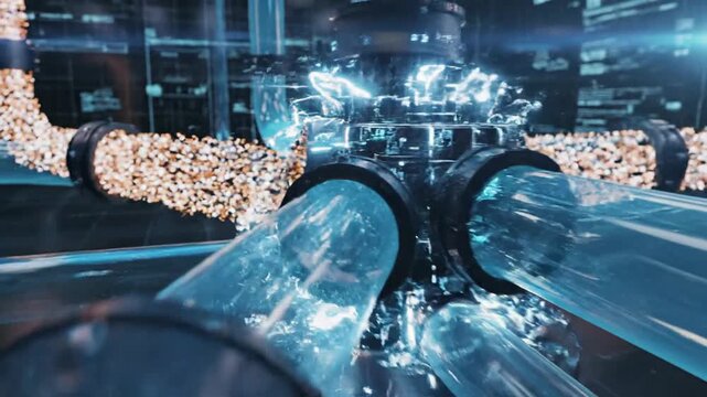 Futuristic Digital Data Streams Flow Through Neon Lab Channel.