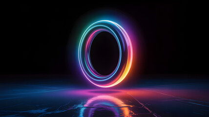Vibrant neon circle with colorful glow on dark background with reflection