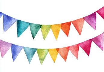 Fototapeta premium Two Rows Of Colorful Watercolor Bunting Flags In Rainbow Colors Isolated On White Background