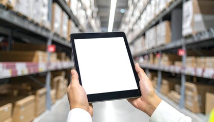 Hands hold a tablet with a blank screen in a blurry, long warehouse with shelves