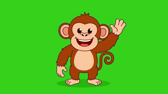 A joyful, expressive cartoon monkey stands upright, happily waving with a wide smile on a bright green screen.