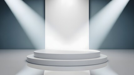 White circular two tier podium on a smooth light gray floor in an abstract studio Powerful spotlights brightly illuminate the white backdrop and the stage creating a dramatic and professiona