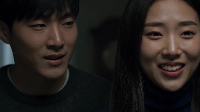 Intense Close-Up of a Shocked Asian Couple Witnessing a Frightening Event in a Dark Room
