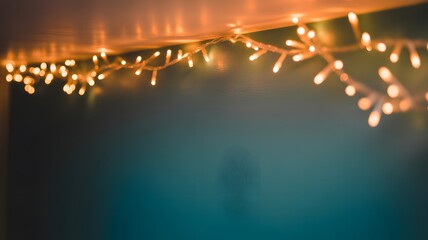 Warm glow of decorative string lights creating a festive and cozy atmosphere against a dark teal background with soft bokeh and ambient illumination perfect for holiday celebrations