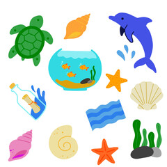 Naklejka premium Cute Sea Animals and Ocean Elements Flat Illustration Set 