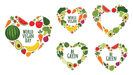 A set of heart-shaped frames made from various fresh fruits and vegetables, celebrating World Vegan Day and a healthy 'Be Green' lifestyle.