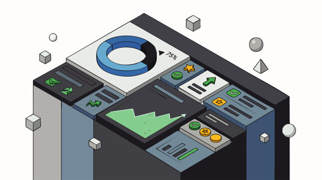 Isometric illustration of business analytics dashboard with various charts, graphs, and data visualization elements for financial reporting and market analysis.