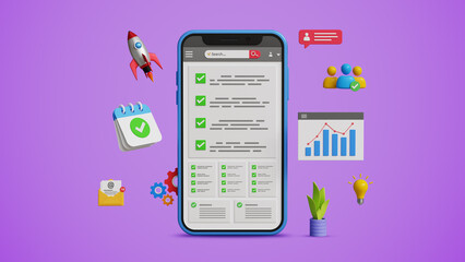 Assessment Evaluation, Online Survey, User Feedback,  Data Validation, Quality Rating, Tracking Performance, Benchmarking, Improvement and Results concept. Survey Checklist on 3D Mobile