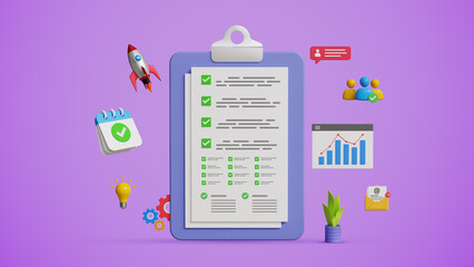 Assessment Evaluation, Online Survey, User Feedback,  Data Validation, Quality Rating, Tracking Performance, Benchmarking, Improvement and Results concept. Survey Checklist on 3D Clipboard