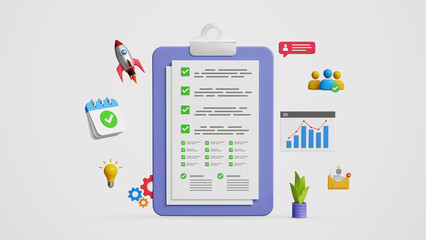 Evaluation concept, Assessment Analysis, Performance, Tracking, Benchmarking, Improvement, Results, Review and Feedback. Online survey, Analytical report, quality rating on 3D Clipboard