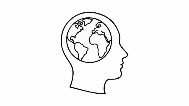 A profile view of a human head with a globe inside, representing global thinking and awareness.