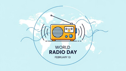 Vibrant illustration of a yellow radio on a globe for world radio day on february 13th