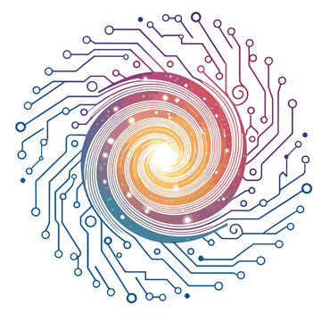 A vibrant circular circuit board illustration with glowing lines and dots