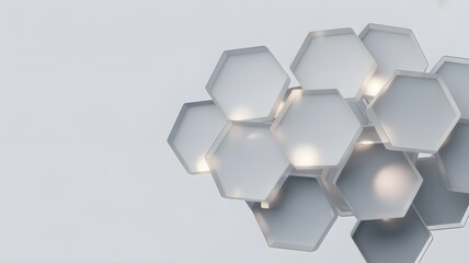 Modern abstract geometric pattern of glowing white and gray translucent hexagonal shapes interlocking on a clean bright background creating a futuristic digital design