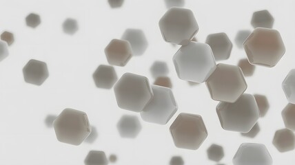 Abstract background with pristine hexagonal geometric shapes gracefully floating and scattering across a clean bright white surface with soft diffused lighting creating a modern minimalist a